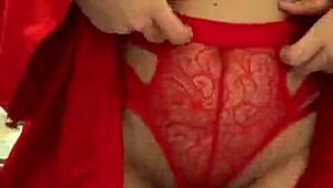 Brunette Teen in Red Lingerie Teases and Touches Herself