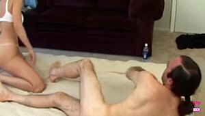 a guy brings brunette home for humiliation with strapon