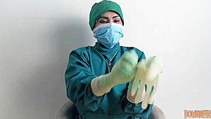 Nurse plays with latex gloves in hospital