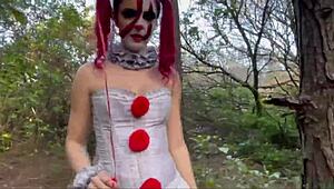 A Clown It Takes Hard Anal Pounding in Public Halloween Creampie
