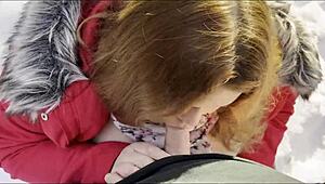 Why does this chubby hitchhiker in leather leggings suck cock in snowy woods?