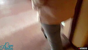 Stepbrother and stepsister help each other finish in panties outdoors