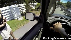 Teen with glasses strips and gets bent over for hardcore fucking.