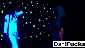 I'm sexy dani having a hot black light threesome with blowjob and group action, oops
