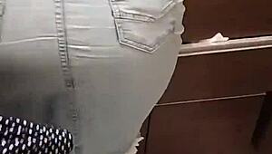 clara in jeans skirt gets sneaky encoxando at skirtshouse