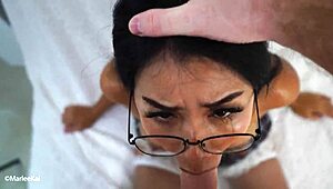 Asian Girlfriend's Glasses Splattered with Cum After Brutal Blowjob