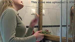 blonde wife teasingly changes panties in bathroom