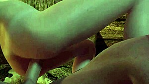 Slim blonde rides cock sideways in Skyrim porn parody, showing big tits and assfucking