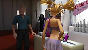 Busty blonde bimbo can't resist fucking all her holes in 3d animation