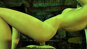 Slim blonde rides cock sideways in Skyrim porn parody, showing big tits and assfucking