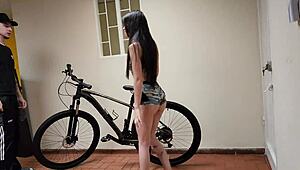 omg, didn’t mean to… teaching her bike riding in tight pajamas, ends up fucked!