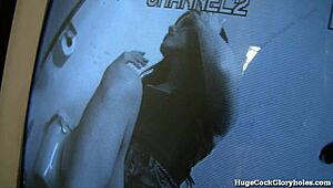 Hot Chick Sucks Big Cock Thru Glory Hole in Public Bathroom, So Wild!