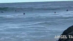 angel takemura goes topless for surfers at grumari-rj beach, wild scene