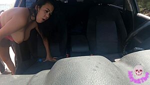 Tetona fucks stranger while masturbating in car quick encounter 😏