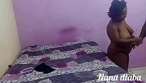 The black pornstar Myllena Rios convinced her husband to take it in the ass from her fat friend with a big cock.