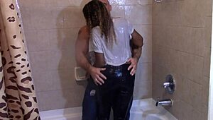 petite babe in jeans gets soaked in steamy shower scene