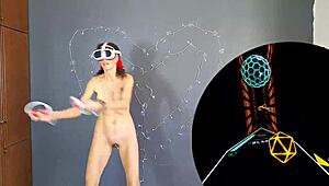 Bold naked brunette with small tits dances sexily in VR training session