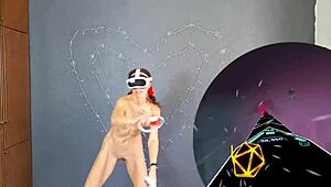 Bold naked brunette with small tits dances sexily in VR training session