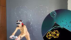 Bold naked brunette with small tits dances sexily in VR training session