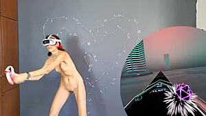 Bold naked brunette with small tits dances sexily in VR training session