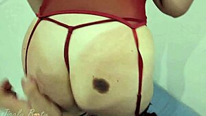 pov view of bubble butt teen in red dress and stockings getting hardcore doggystyle.