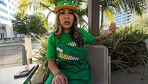 Big Tit Latina Subway Girl Skips Work for Double Cock Action