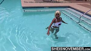 im out at the pool then get undressed watch my freaky ass get naked hot ebony msnovember pulls down panties and jiggles bubble butt cheeks