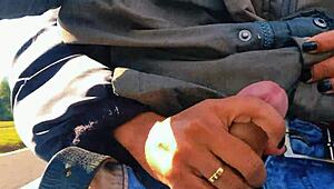 hotwife got naughty, jerked off on road till cum, almost caught!