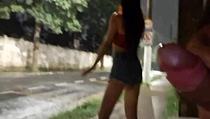 Risky Masturbation on Street for Hot Redhead at Bus Stop