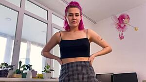 pov action unfolds with blowjob, missionary, cowgirl, and doggystyle. cum lands on her skirt.