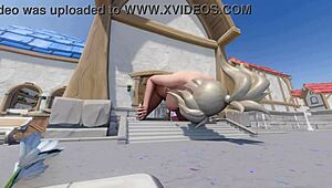 Mercy towers over Blizzard World spawn with kinky crossdressing flair. It’s a wild anime twist!