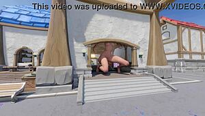 Mercy towers over Blizzard World spawn with kinky crossdressing flair. It’s a wild anime twist!