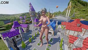 Mercy towers over Blizzard World spawn with kinky crossdressing flair. It’s a wild anime twist!