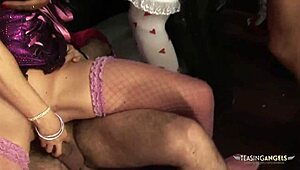 Gorgeous chicks enjoy sucking and cowgirl riding in a hardcore group sex session with shaved pussies.