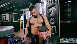 extreme german leather guys in a rough 3-way blowjob session, bareback and all