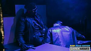 extreme german leather guys in a rough 3-way blowjob session, bareback and all