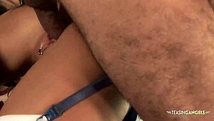 Gorgeous chicks enjoy sucking and cowgirl riding in a hardcore group sex session with shaved pussies.