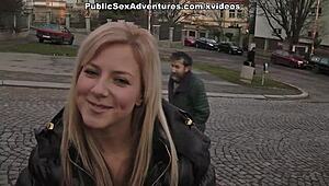 Girl boldly masturbates cock in the public alley, engaging in street sex and blowjob