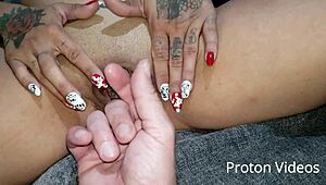 Brazilian tattooed petite pornstar Caroline Moraes fingers herself on sofa during casting interview.