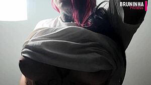 Brazilian fitness babe shows off huge silicone ass and busty chest