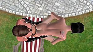 Animated 3d cute lesbian girl rides strapon dick.