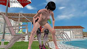 Animated 3d cute lesbian girl rides strapon dick.