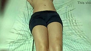 Married woman teases delivery boy with big tits, leading to footjob and cum.