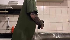 I hid and recorded my huge-assed blonde maid cleaning the kitchen, shocked by her giant cock.