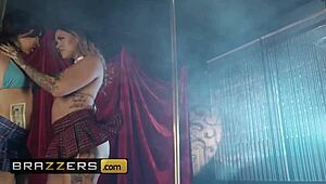 Karmen Karma and Sabina Rouge in rivalry, stripping and fucking in uniforms.