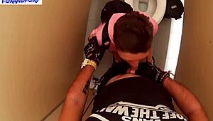 she's givin' a risky blowjob in the public toilet, quick and fast