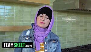 arab slut in hijab teases her boyfriend before kneeling to swallow his thick cock