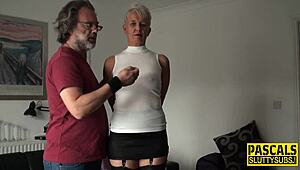 Mature sub in stockings gets face fucked hard by monster cock. She swallows every drop after deepthroat!