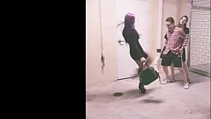 two goddesses amadahy and miskha deliver brutal ball kicks to andrea dipre outdoors