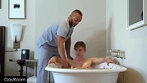 Darron Bluu gets intense cock massage in steamy bath.